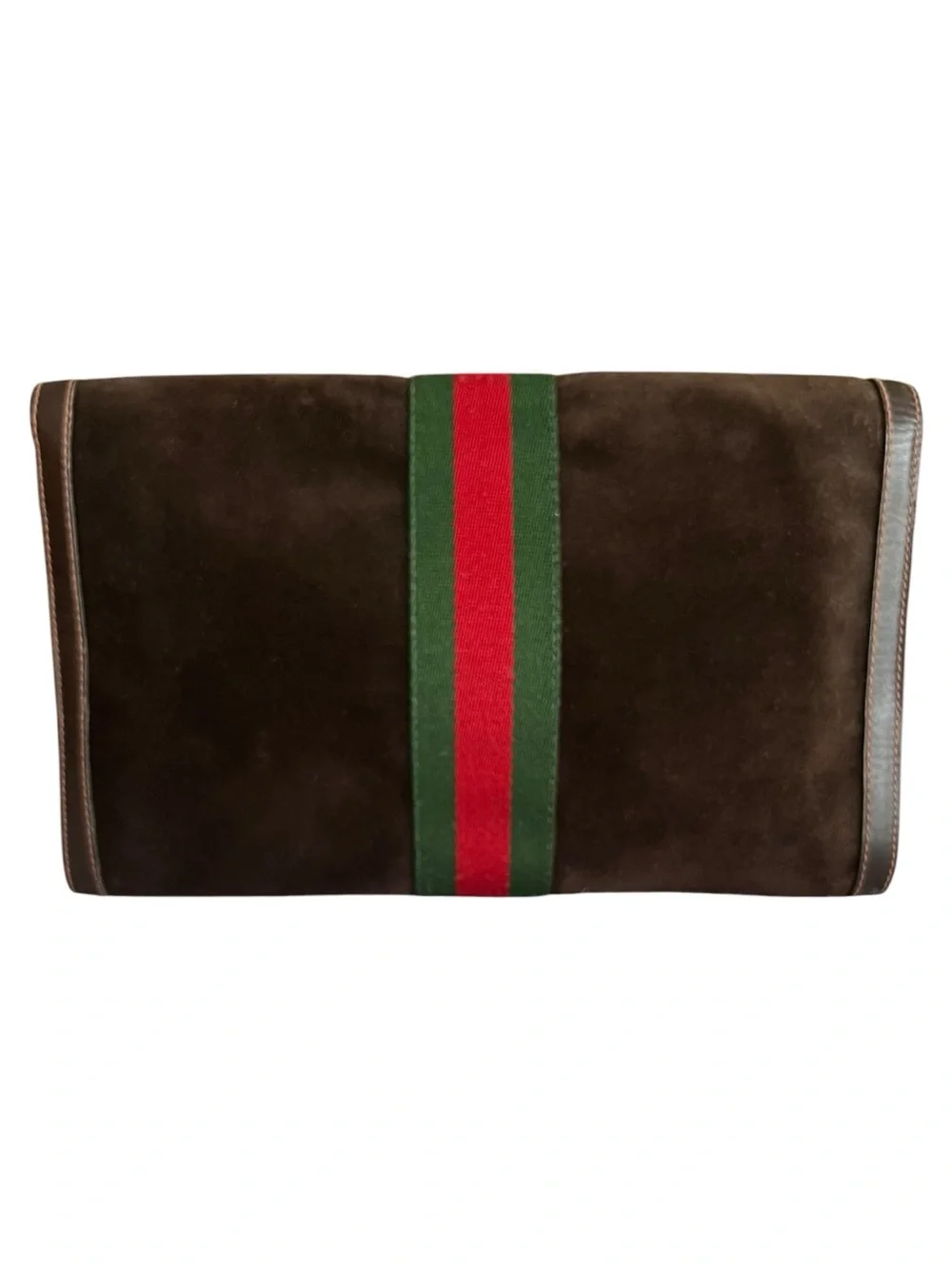 Vintage GUCCI Brown Suede Sherry Line Web Stripe Envelope Clutch Bag 37 039 3088